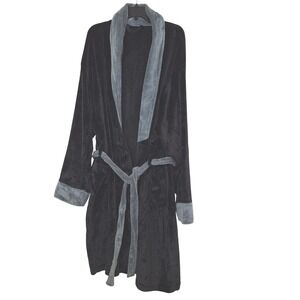 Pavilia Plush Fleece Robe Mens One Size Black Grey Shawl Collar Belted Pockets